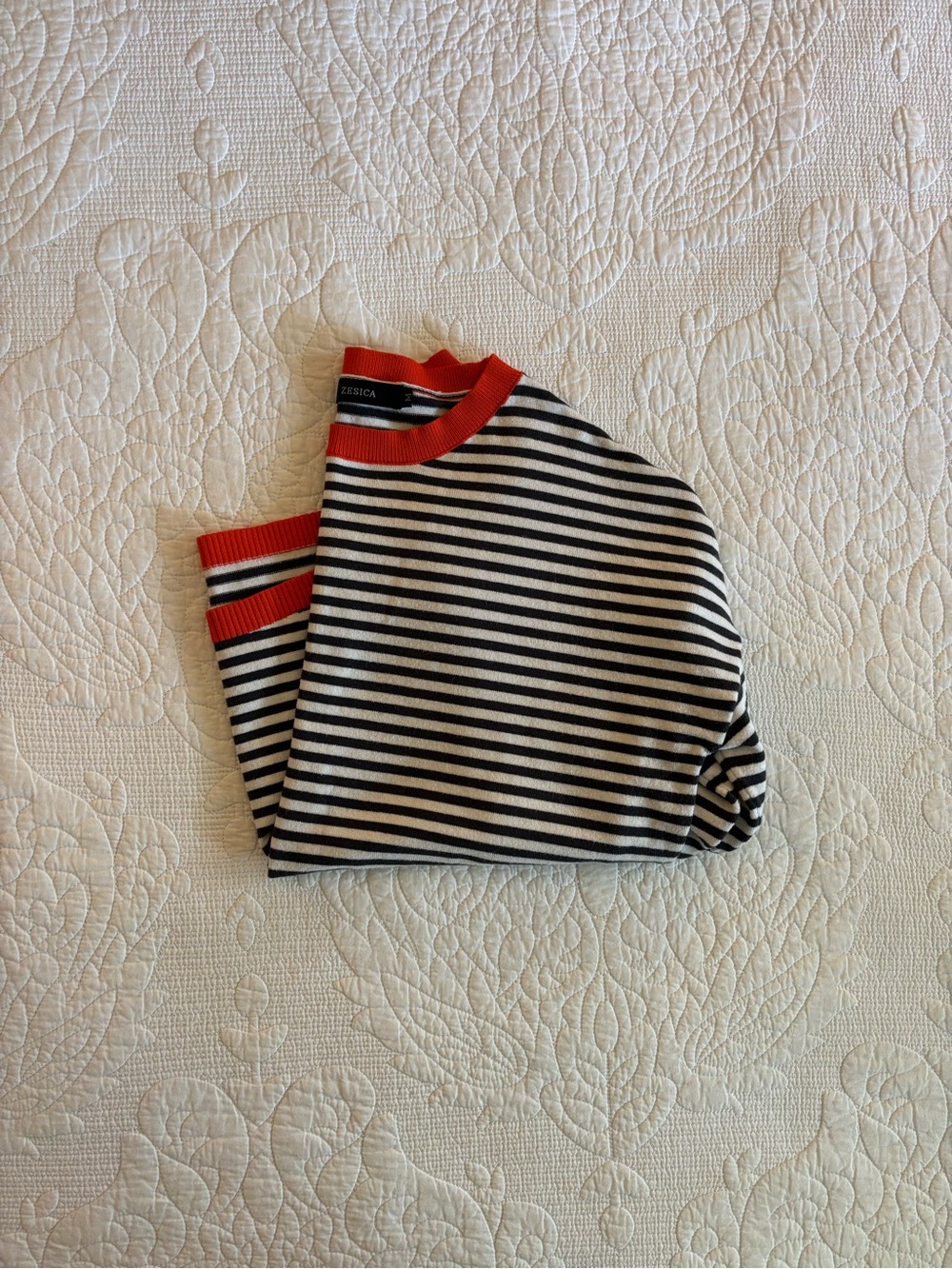Zesica Black & White Striped Tee with Orange Neckline